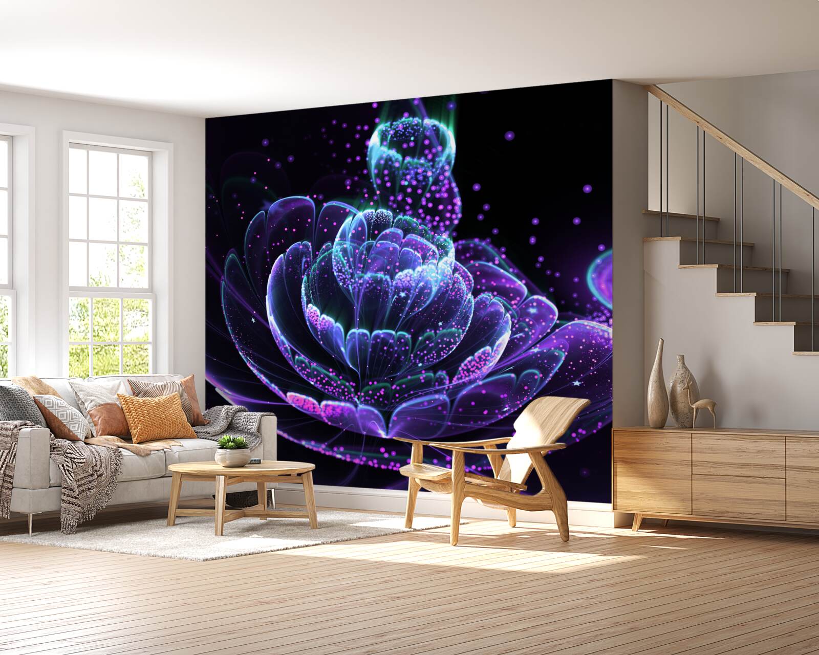 Fototapet floare albastră abstractă pe fundal negru