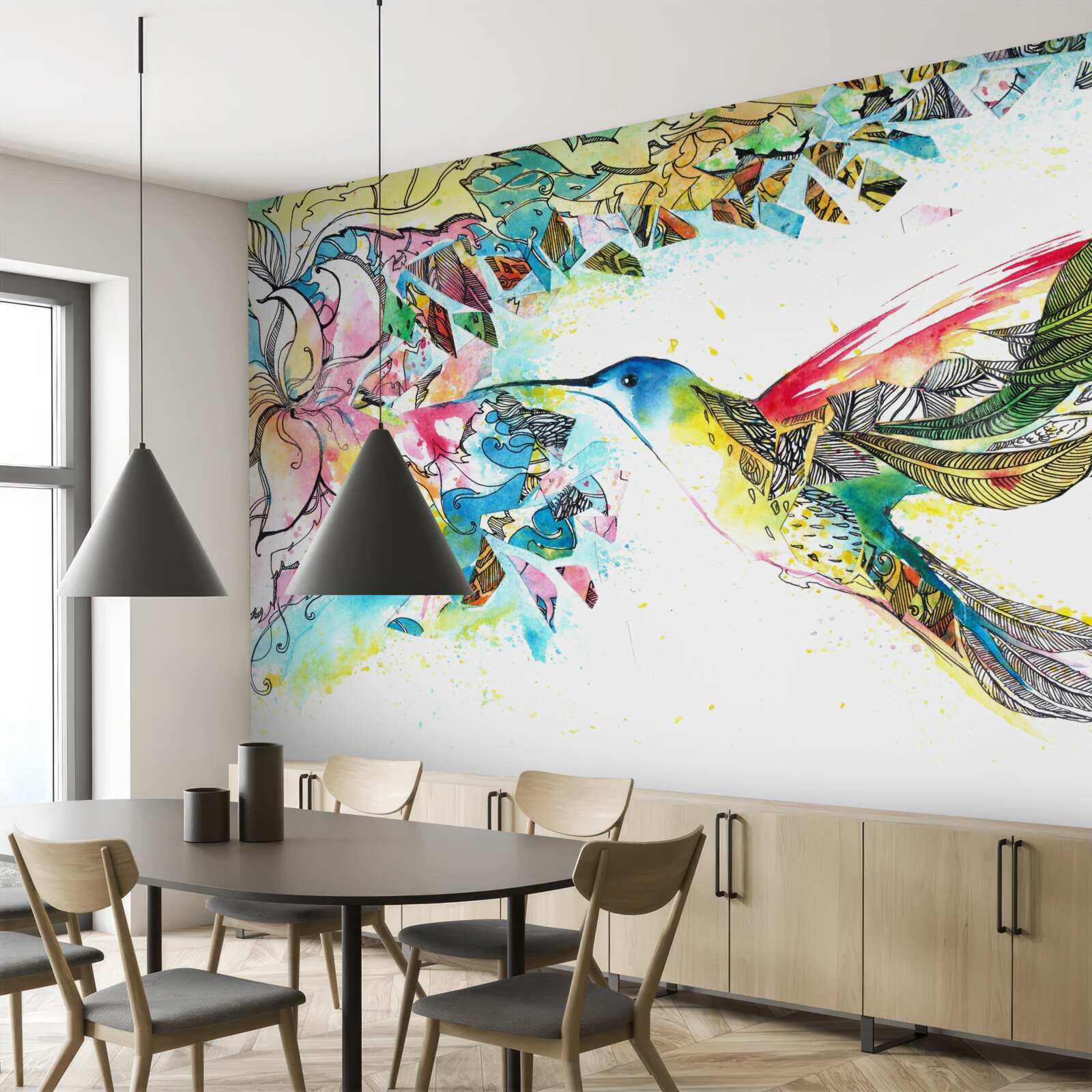 Fototapet după zbor, pasărea colibri absoarbe nectarul