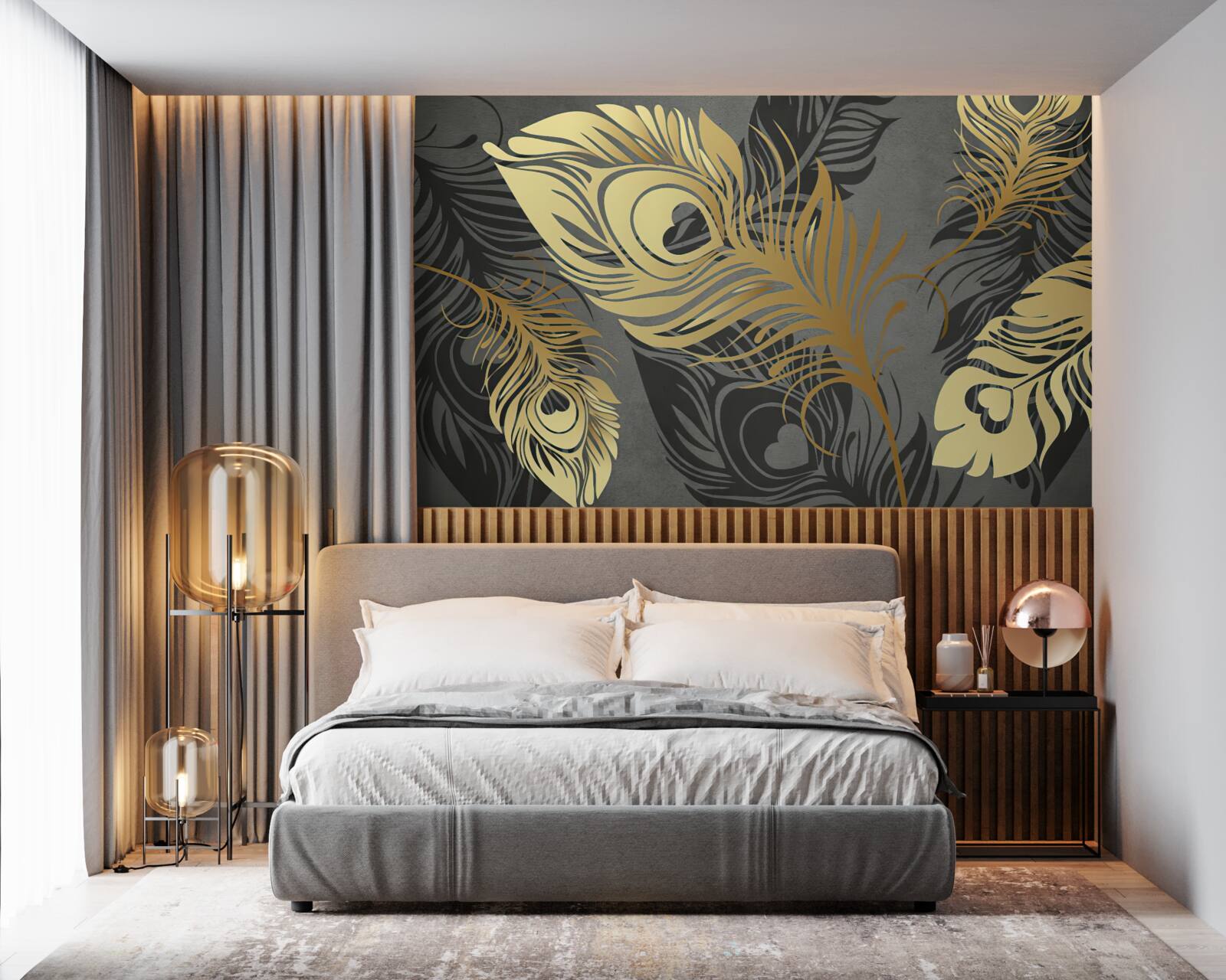 Fototapet pene cu decor aurit ajurat