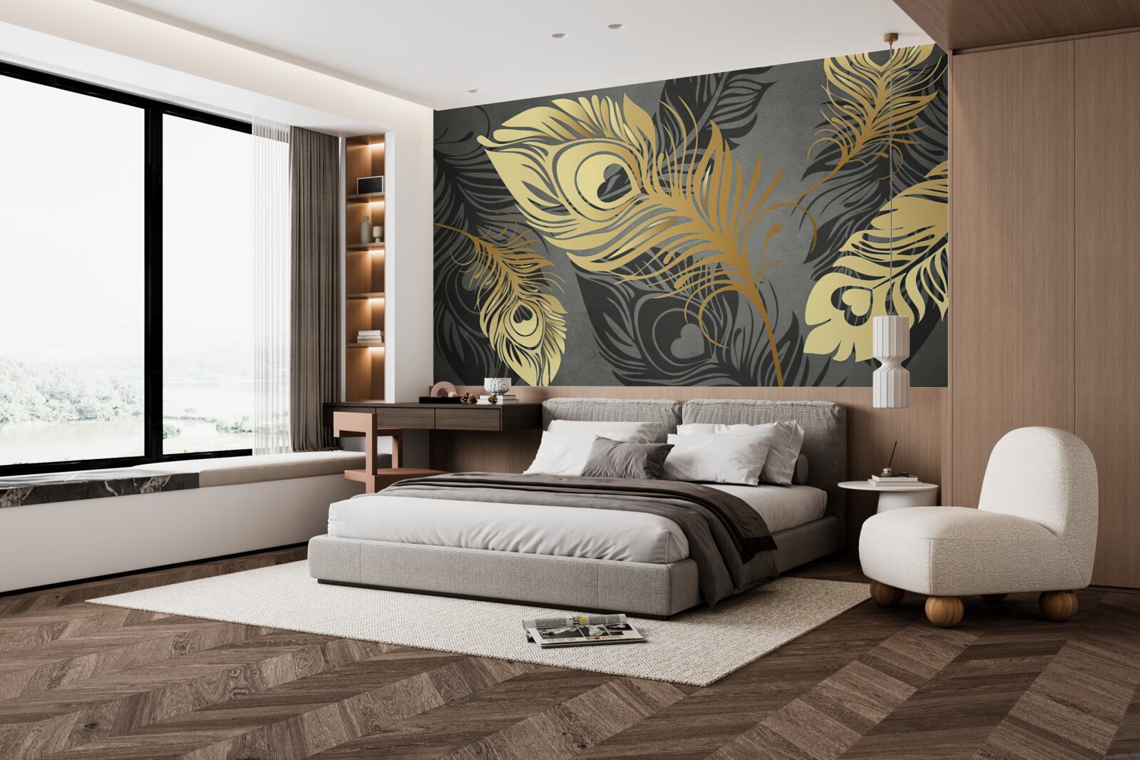 Fototapet pene cu decor aurit ajurat