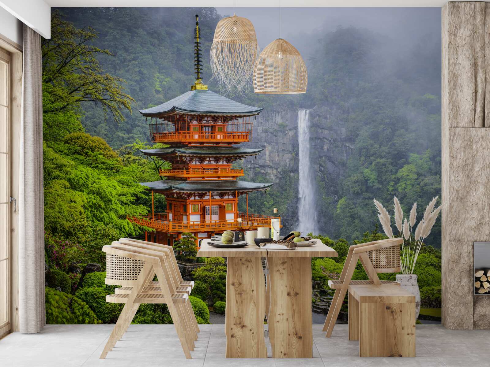 Fototapet Pagodă japoneză lângă o cascadă