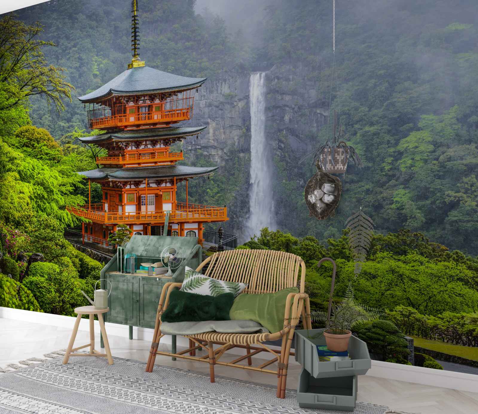 Fototapet Pagodă japoneză lângă o cascadă
