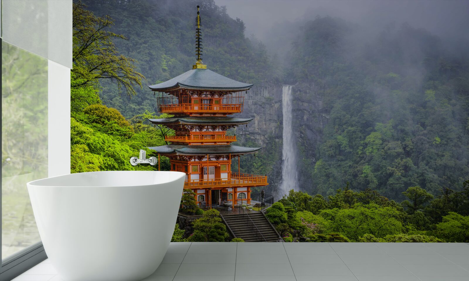 Fototapet Pagodă japoneză lângă o cascadă