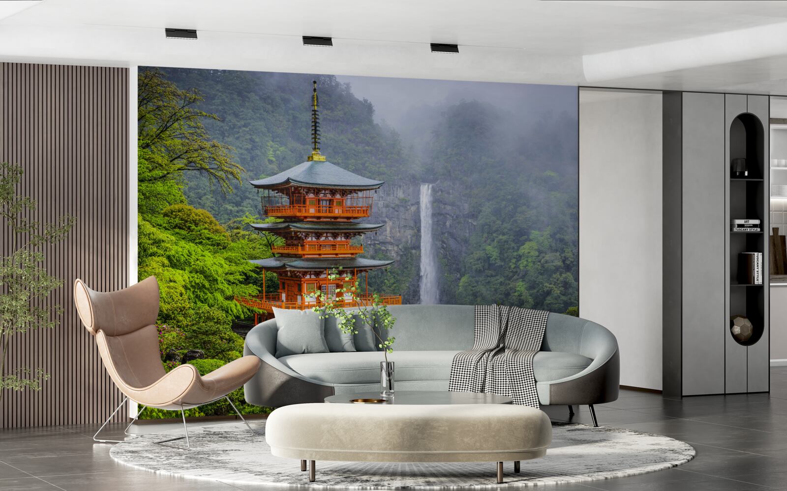 Fototapet Pagodă japoneză lângă o cascadă