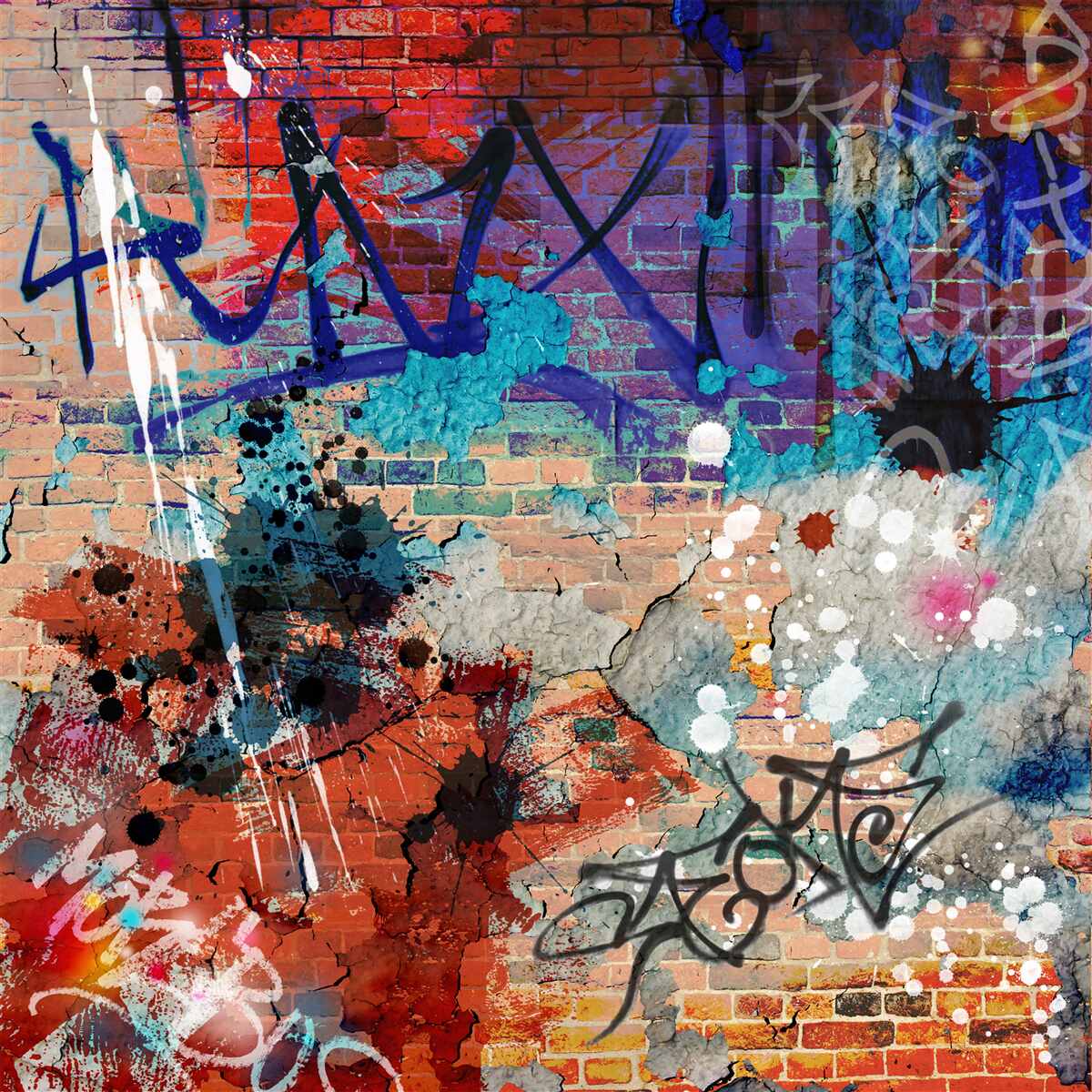 Fototapet model graffiti multicolor pe un perete de cărămidă roșie