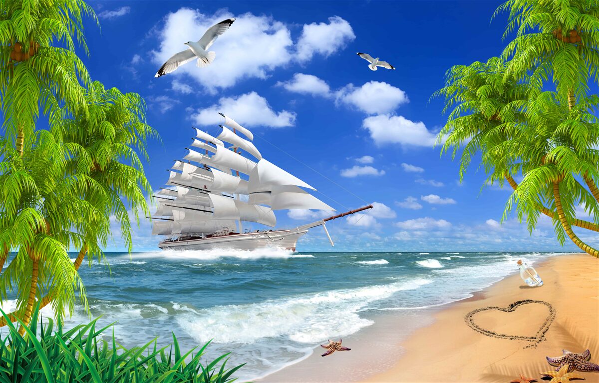 Fototapet navă și copaci tropicali