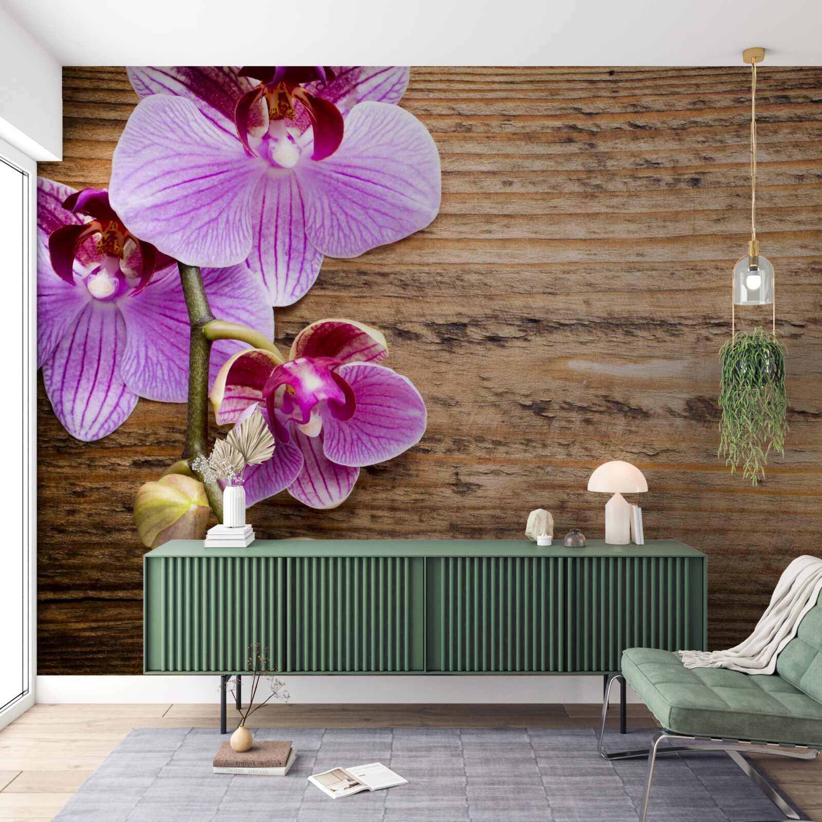 Fototapet orhidee liliac pe un trunchi de copac