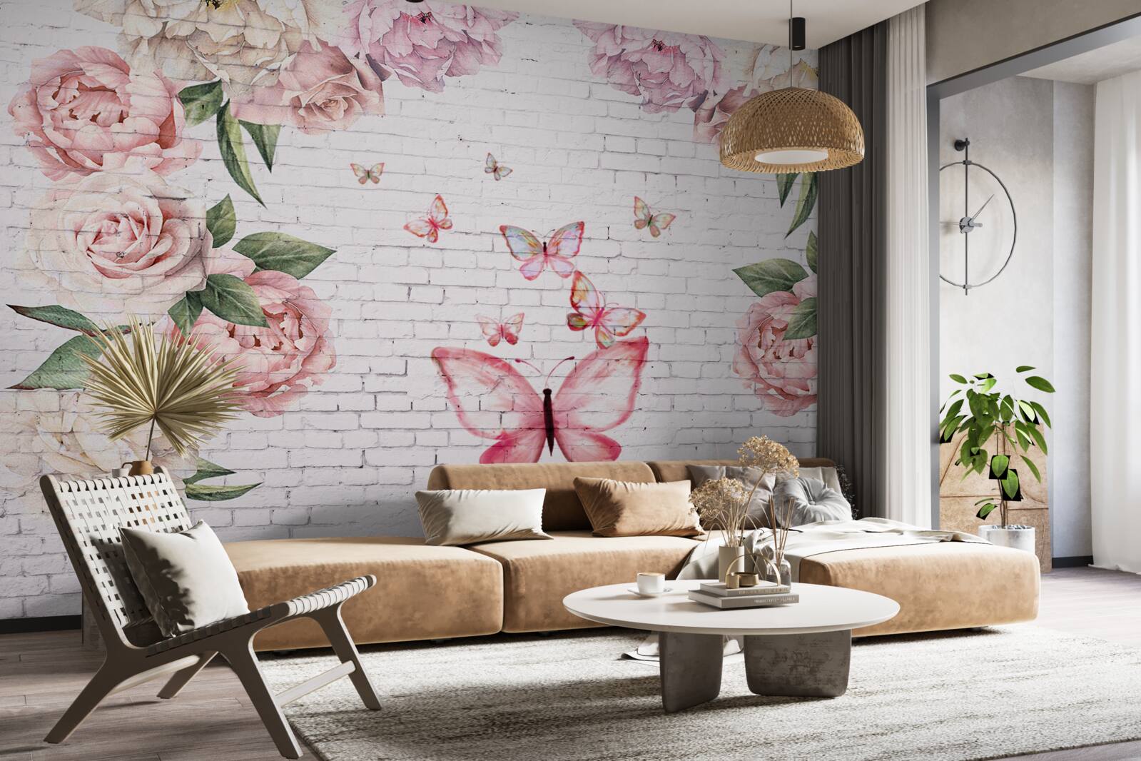 Fototapet fluture decorat cu flori, din sifon