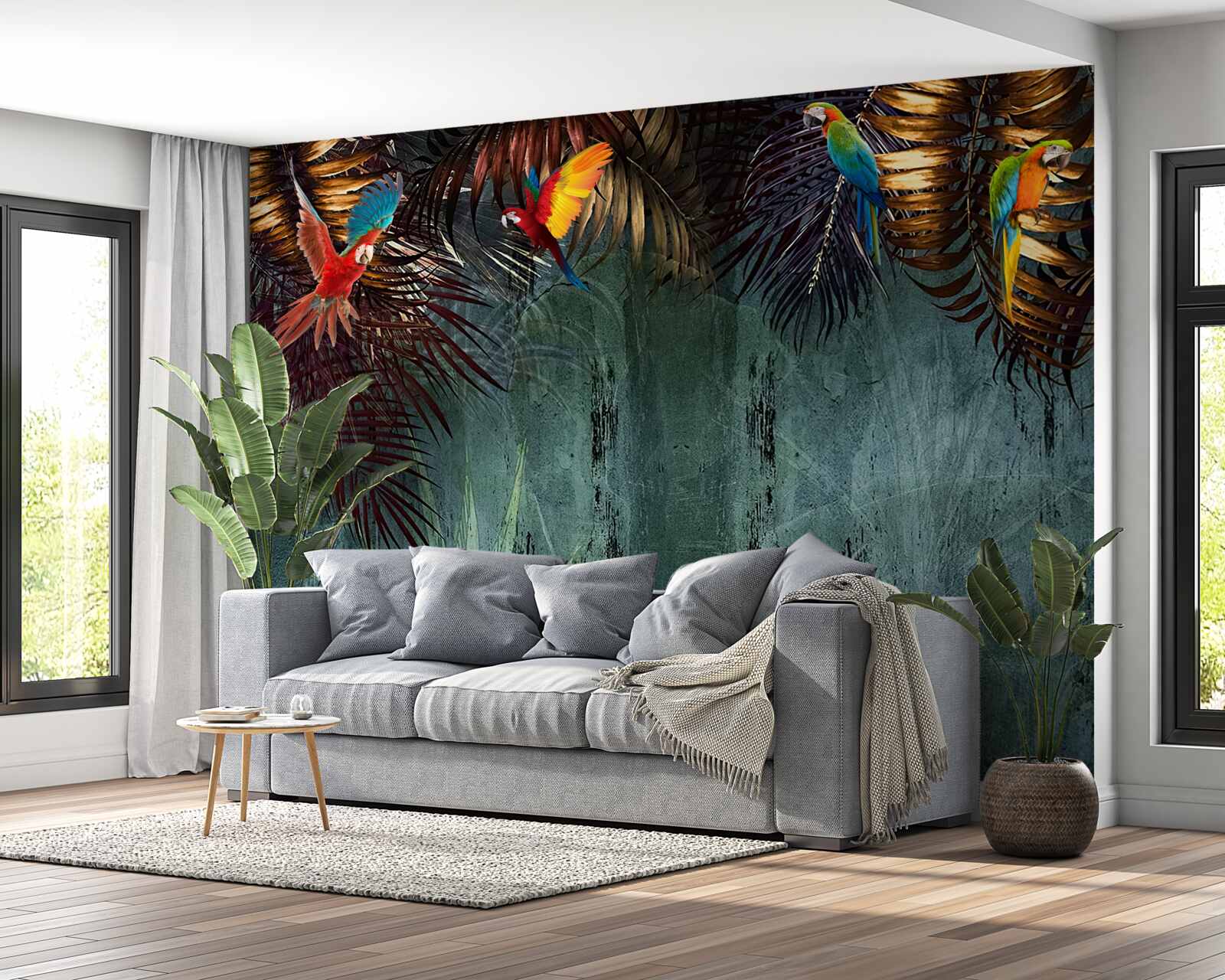 Fototapet seara papagalii stau pe frunze tropicale