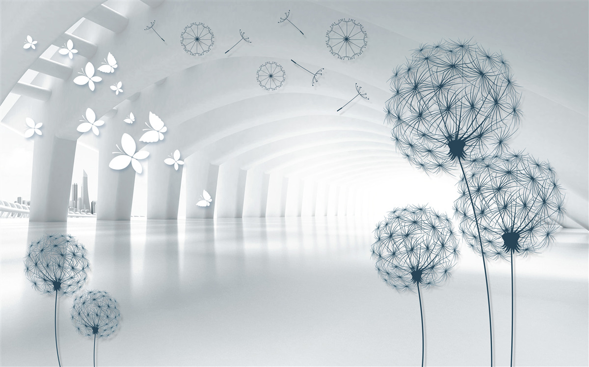 Fototapet tunel 3d cu păpădii în fundal