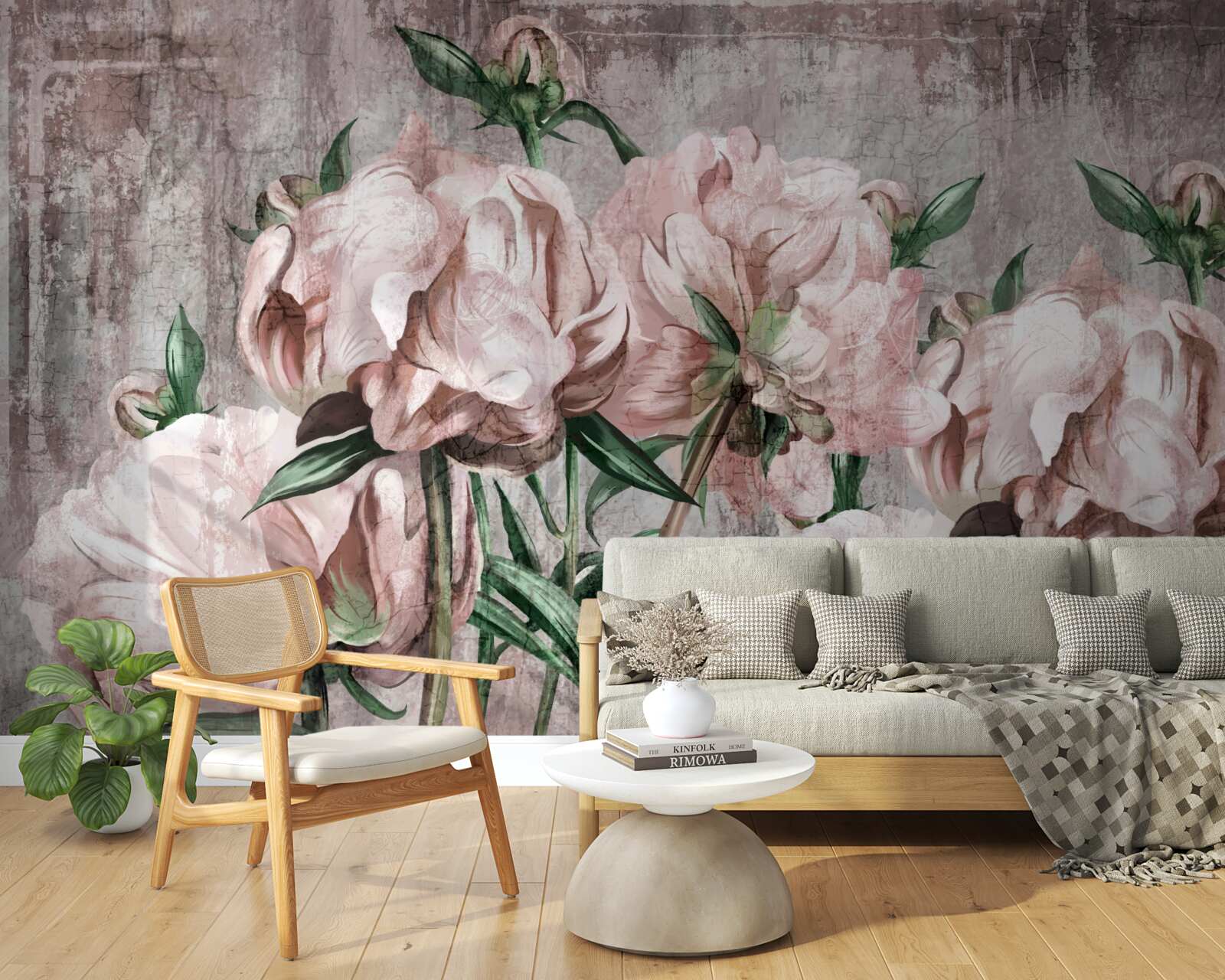 Fototapet peretele de beton este decorat cu trandafiri pastel