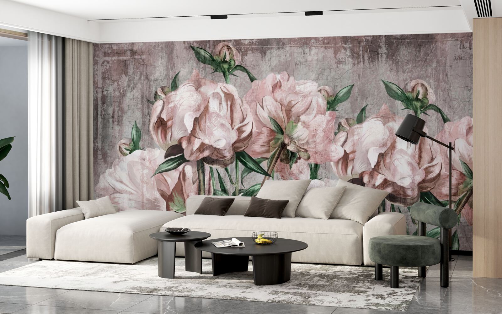 Fototapet peretele de beton este decorat cu trandafiri pastel