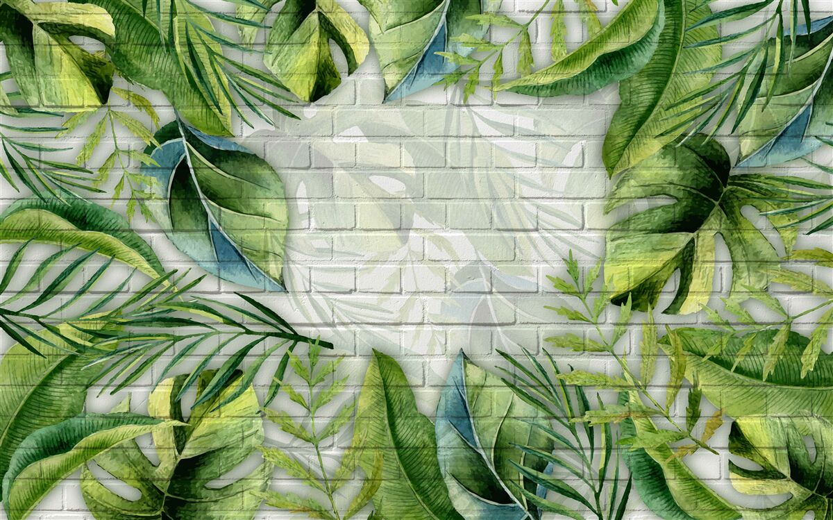 Fototapet verde tropical pe un perete de cărămidă