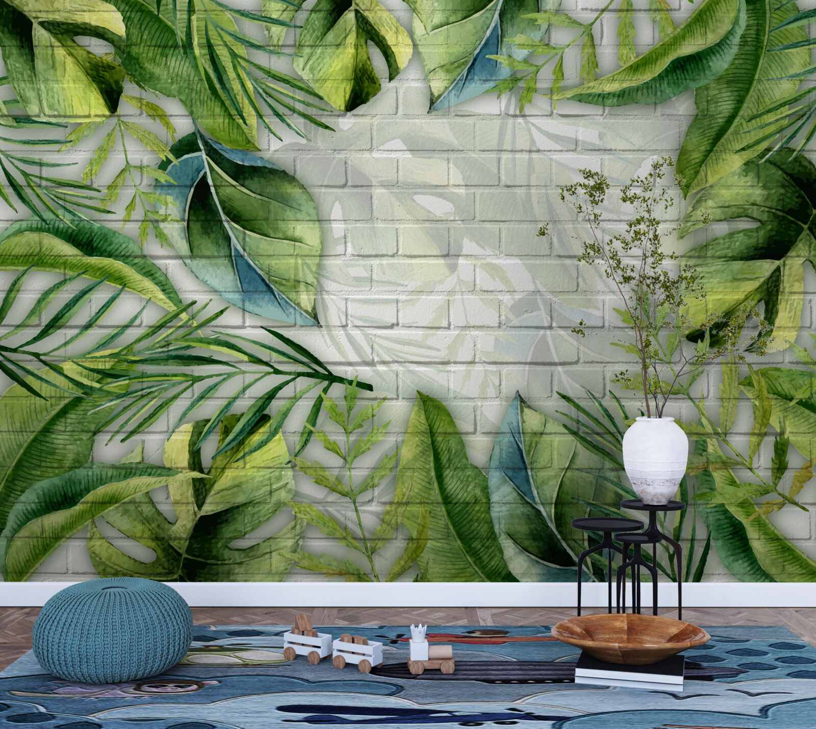 Fototapet verde tropical pe un perete de cărămidă