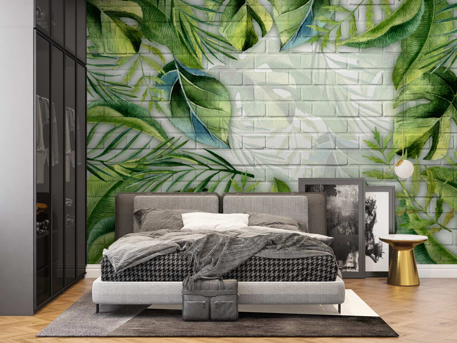 Fototapet verde tropical pe un perete de cărămidă