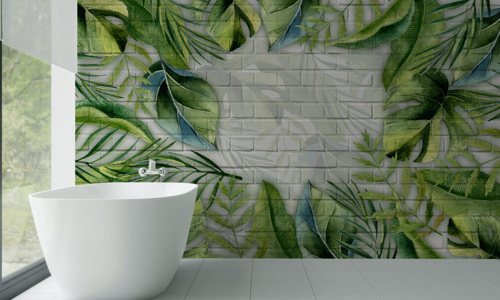 Fototapet verde tropical pe un perete de cărămidă