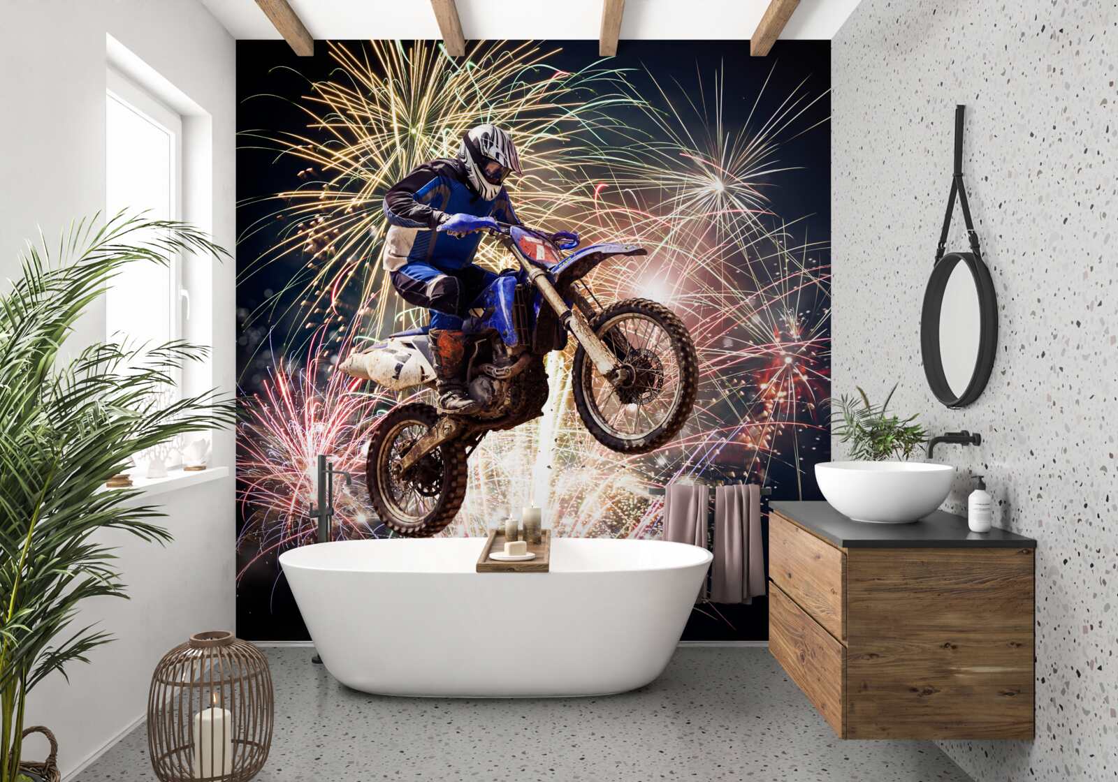 Fototapet biciclist pe spatele unui foc de artificii