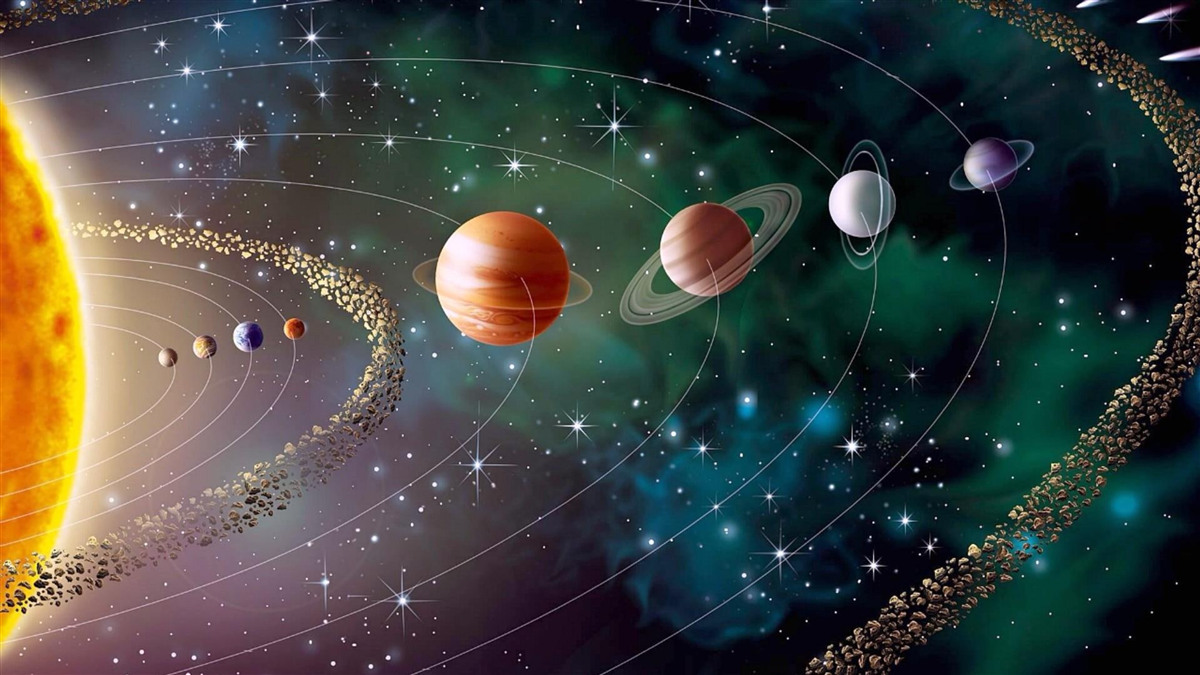 Fototapet procesiune cosmică de planete în fața unei stele