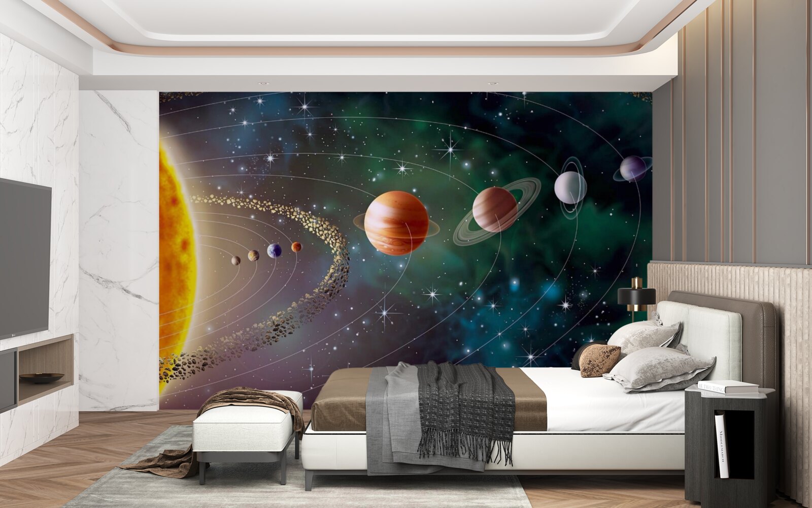 Fototapet procesiune cosmică de planete în fața unei stele