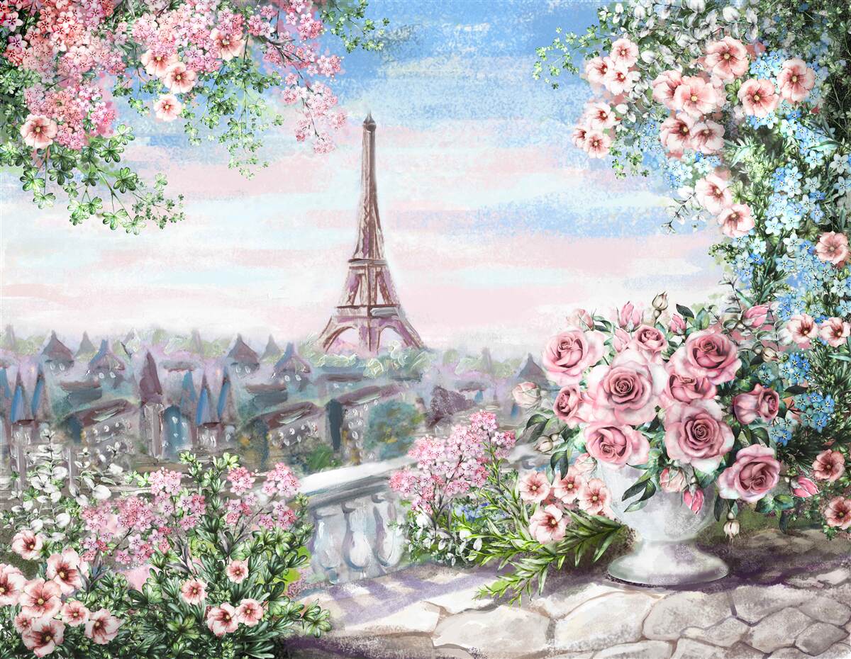 Fototapet flori roz într-o grădină vizavi de turnul eiffel