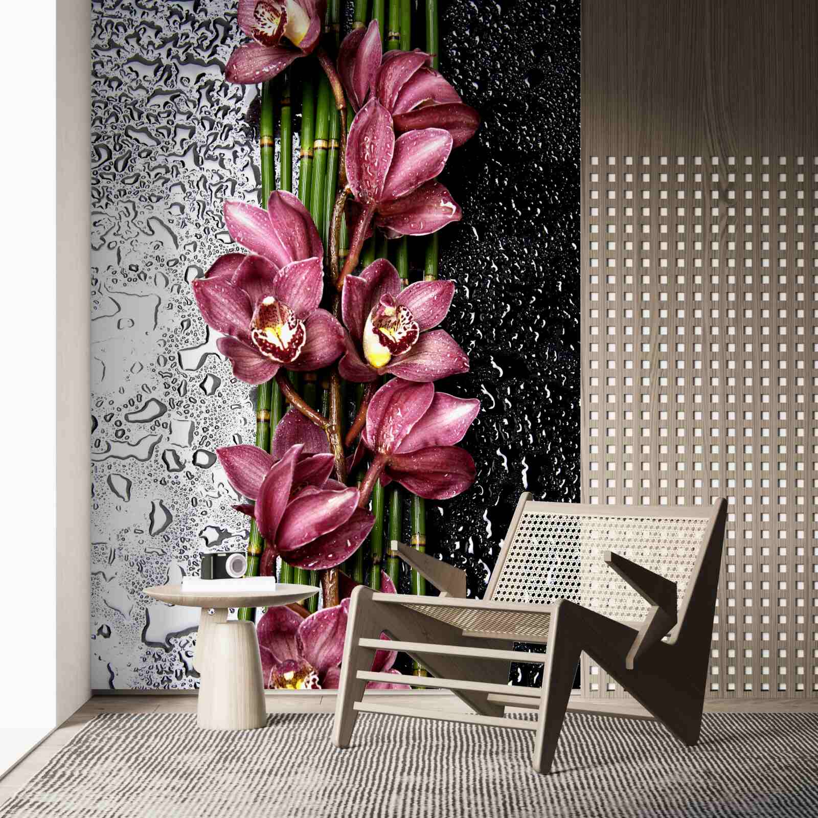 Fototapet podeaua umedă este decorată cu ramuri de flori delicate