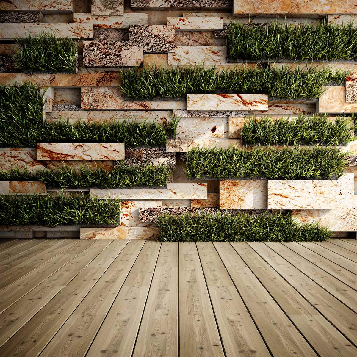 Fototapet perete de piatră decorat cu plante verzi