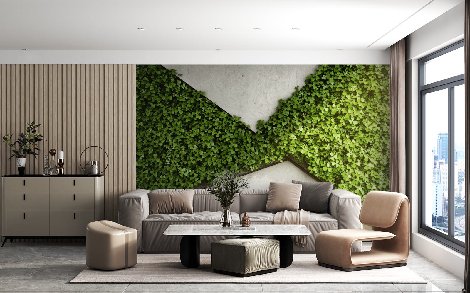 Fototapet parchet și perete decorat cu plante vii