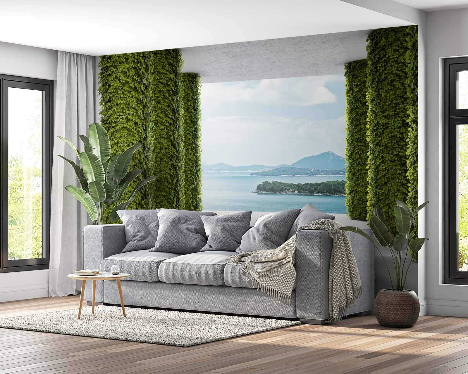 Fototapet colonadă printre verdeață care duce la mare