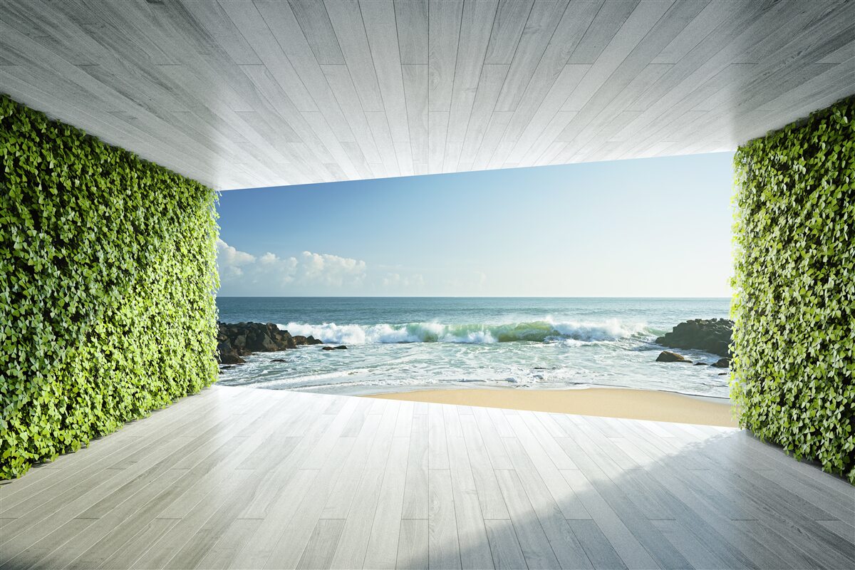 Fototapet balcon elegant în nuanțe de verde cu vedere la coastă