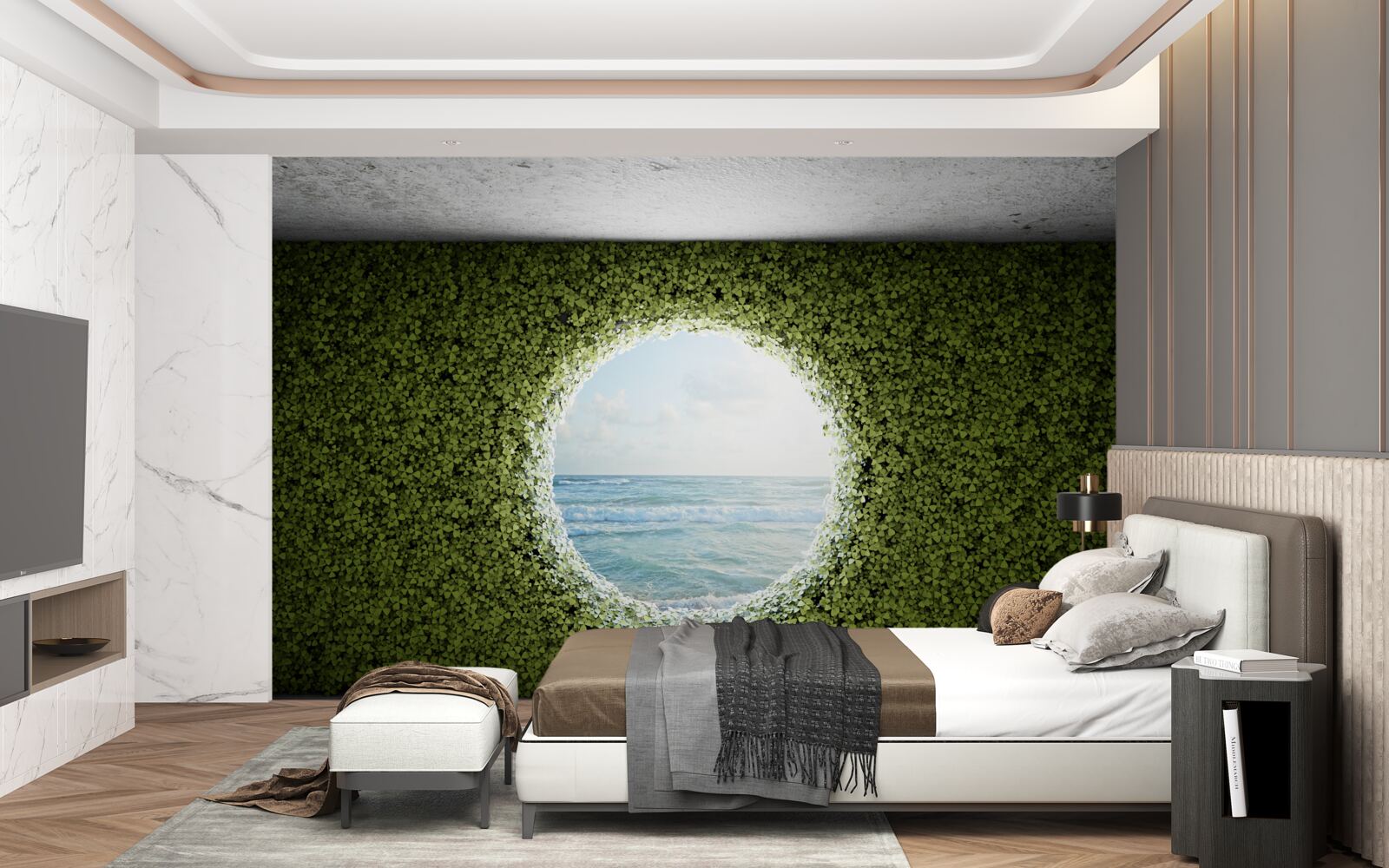 Fototapet Perete de plante verzi cu o deschidere circulară