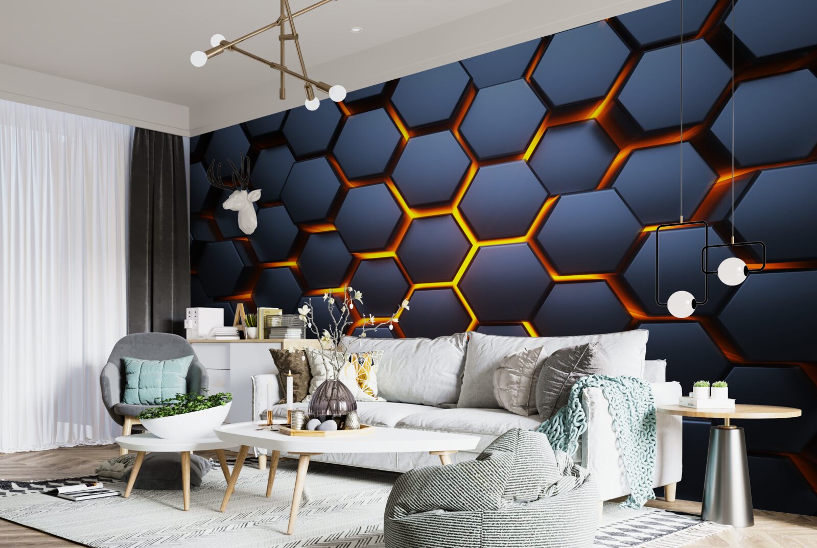 Fototapet colecție hexagonală cu iluminare aurie