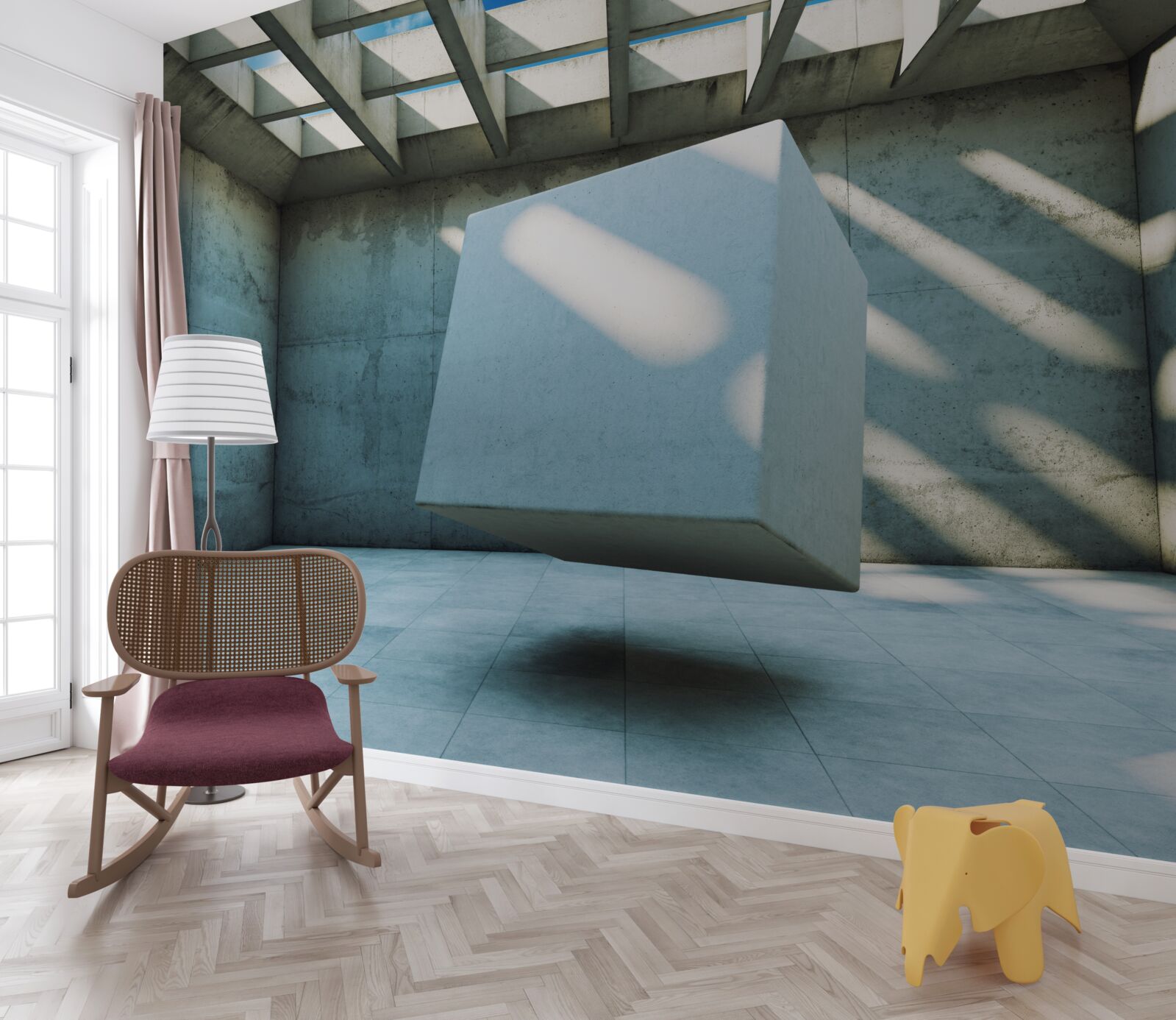 Fototapet cub 3d plutind într-o cameră luminată
