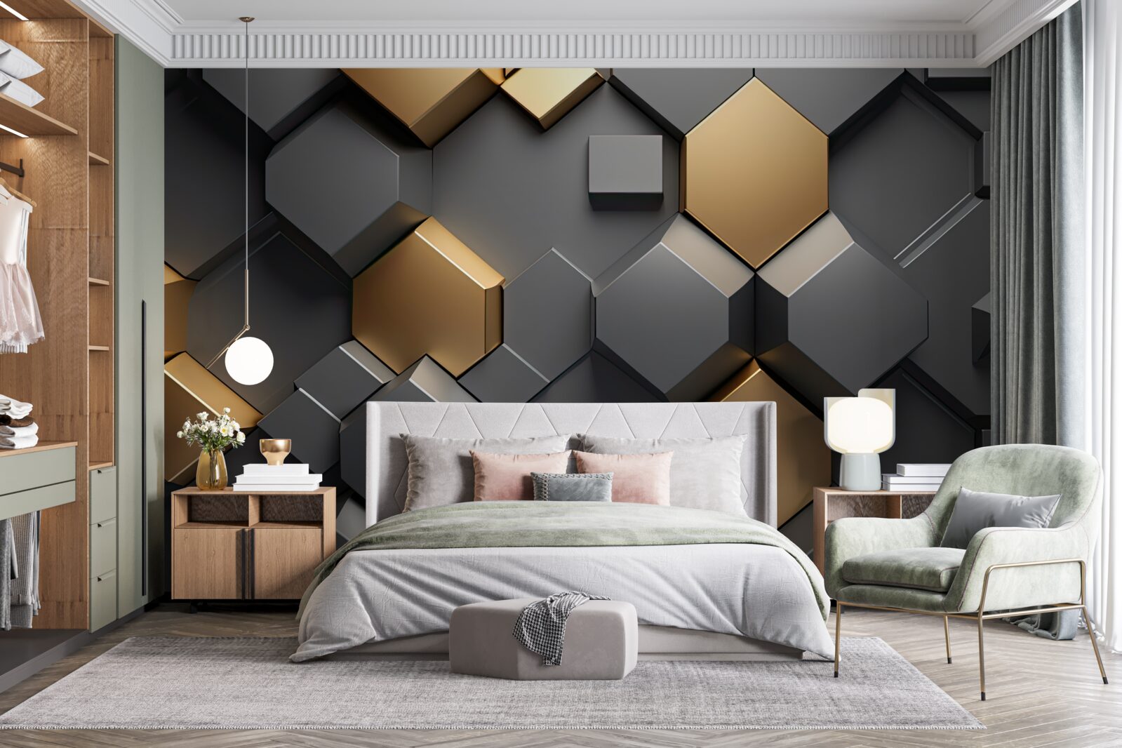 Fototapet forme geometrice în negru și auriu