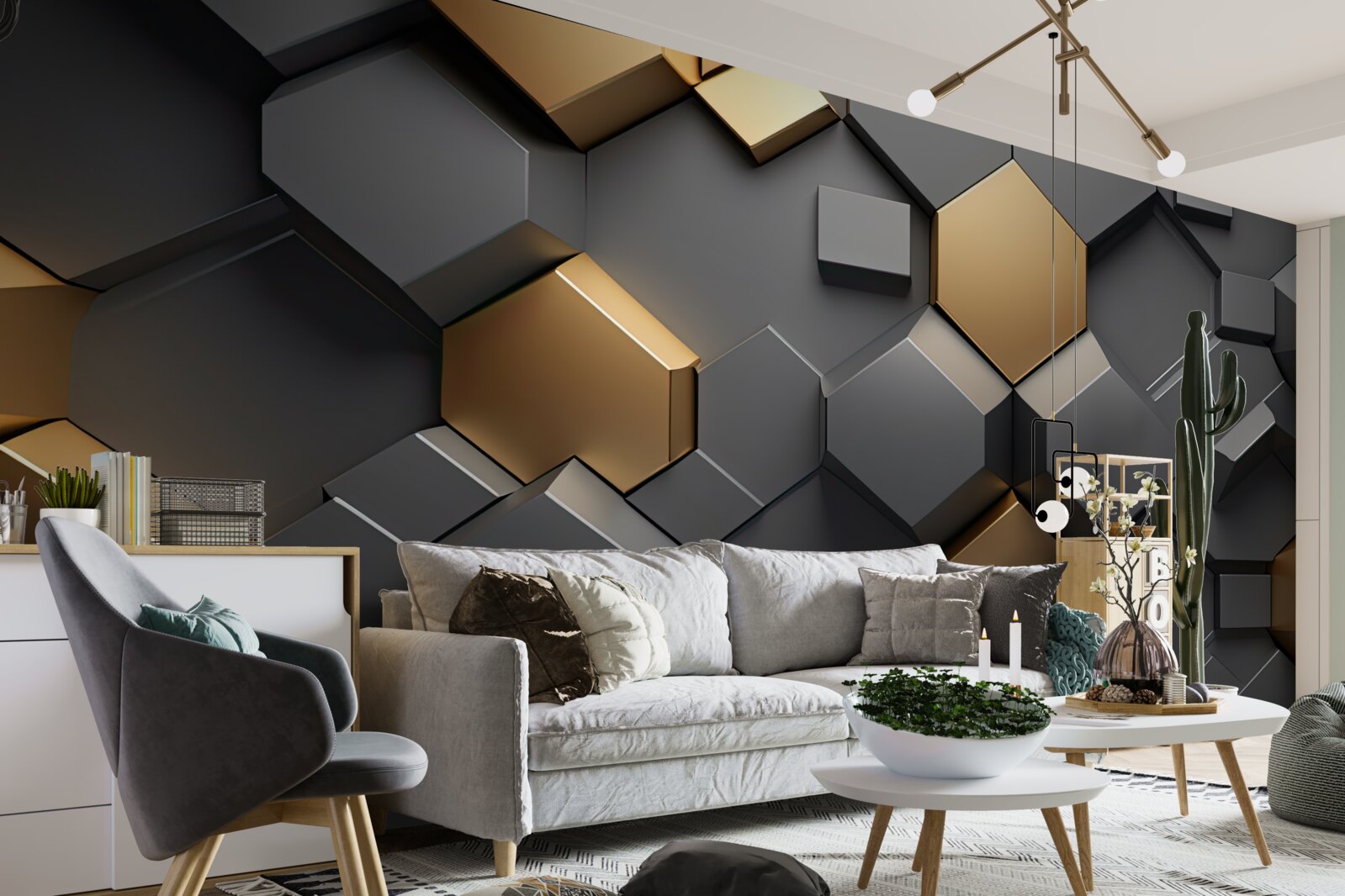 Fototapet forme geometrice în negru și auriu