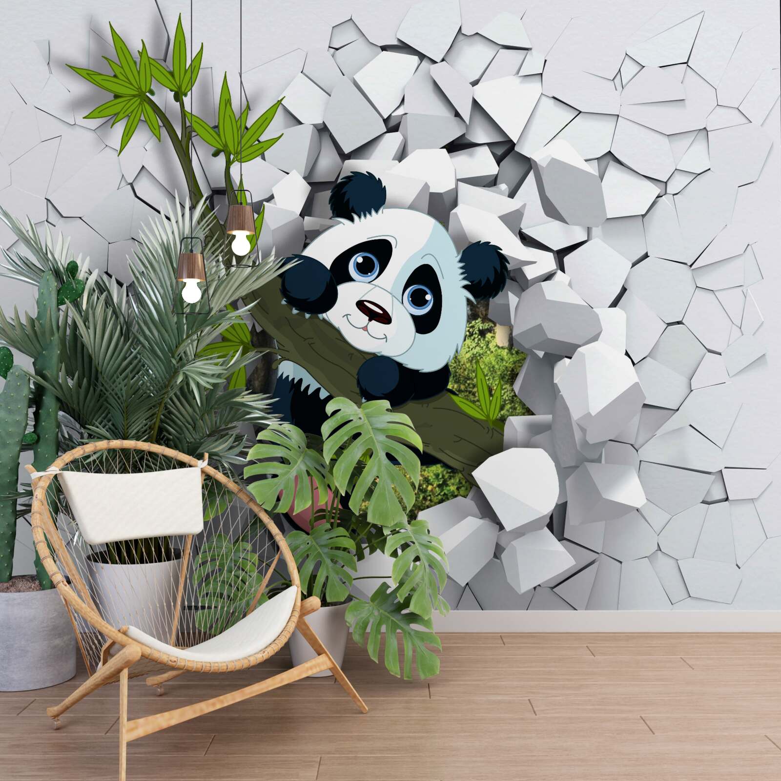 Fototapet panda se uită cu precauție din zidul de cărămidă ruinat