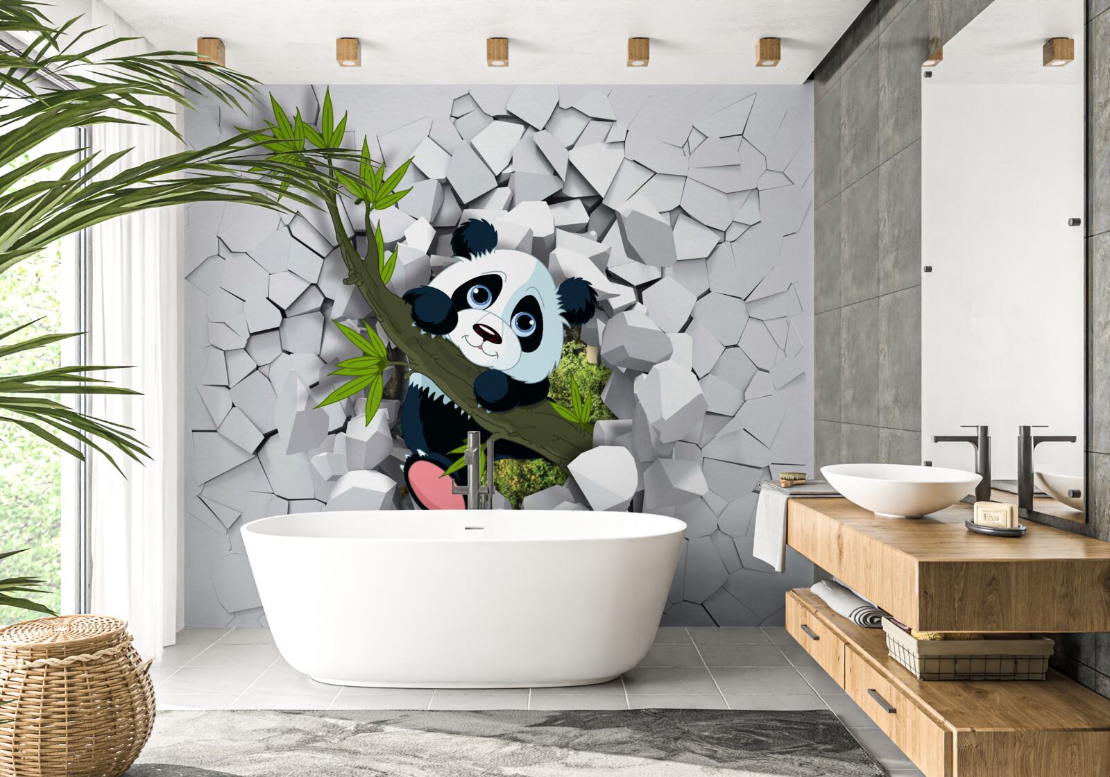 Fototapet panda se uită cu precauție din zidul de cărămidă ruinat