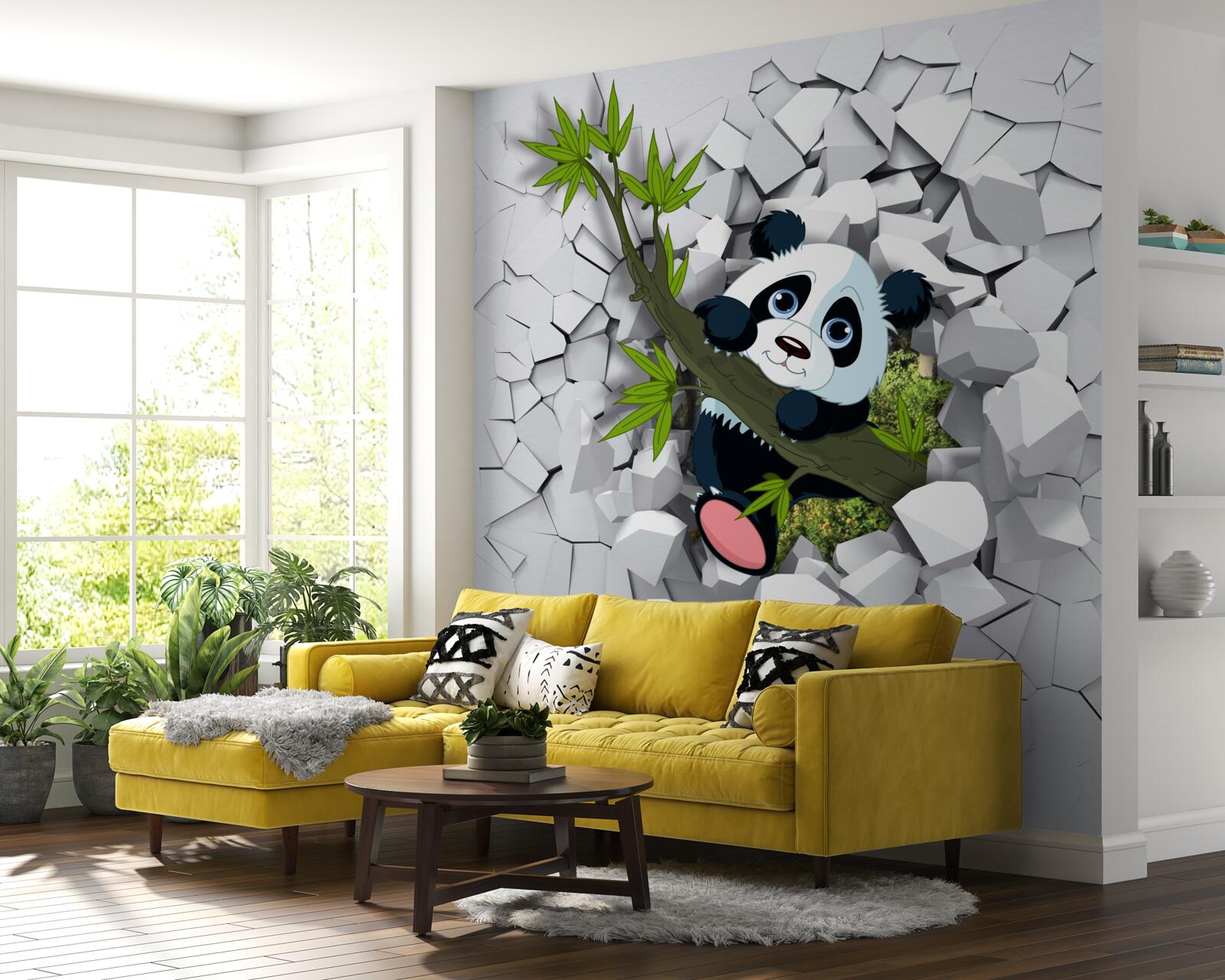 Fototapet panda se uită cu precauție din zidul de cărămidă ruinat