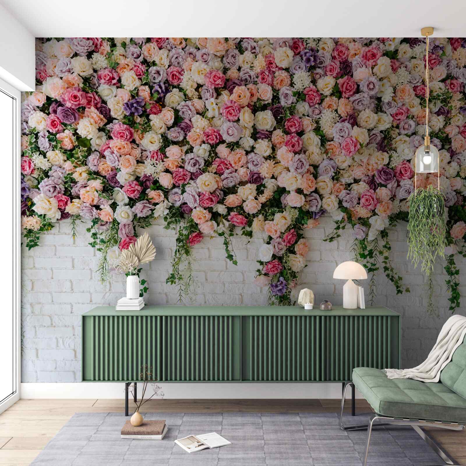Fototapet Zid de cărămidă decorat cu flori de trandafir