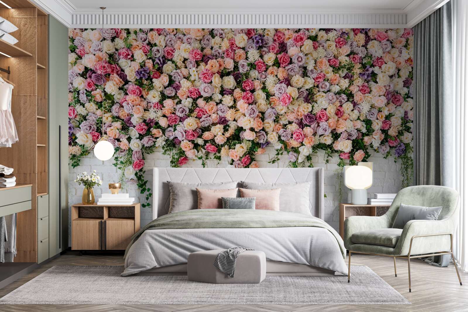 Fototapet Zid de cărămidă decorat cu flori de trandafir