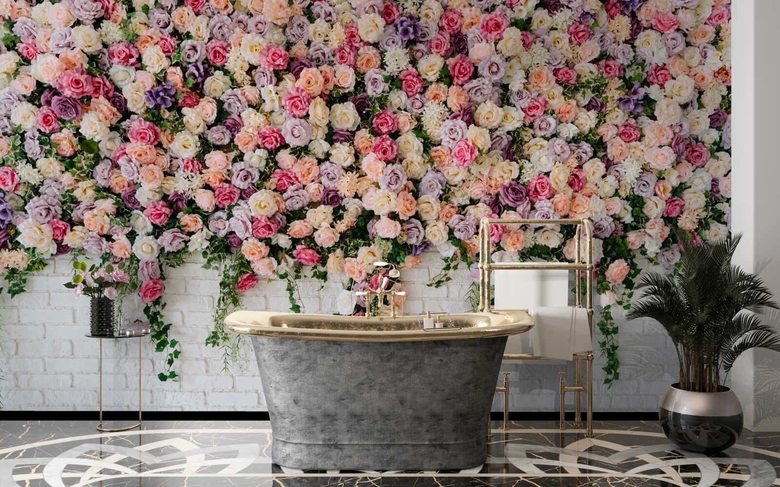 Fototapet Zid de cărămidă decorat cu flori de trandafir