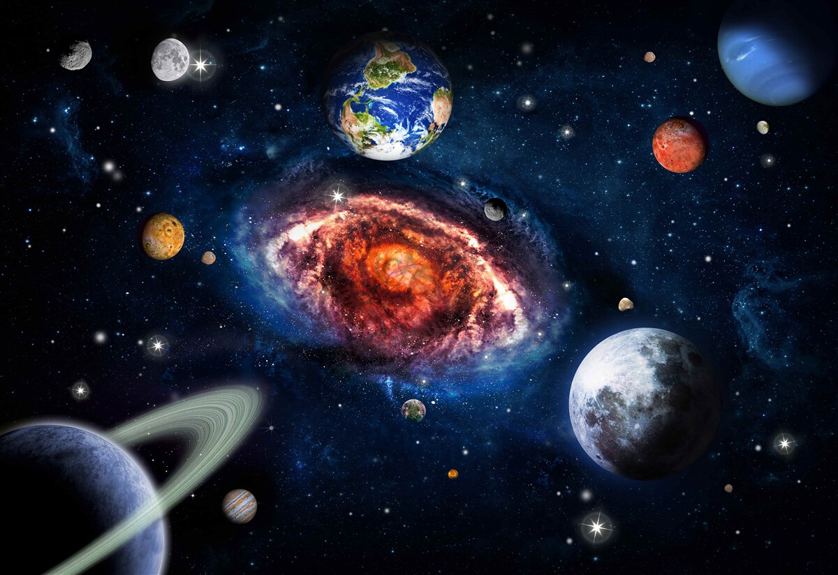 Fototapet galaxia servește drept câmp de rotație pentru obiectele cosmice
