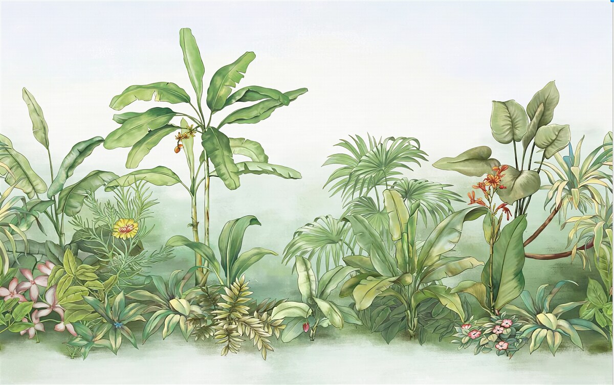 Fototapet vegetație tropicală și nisip ușor pe plajă