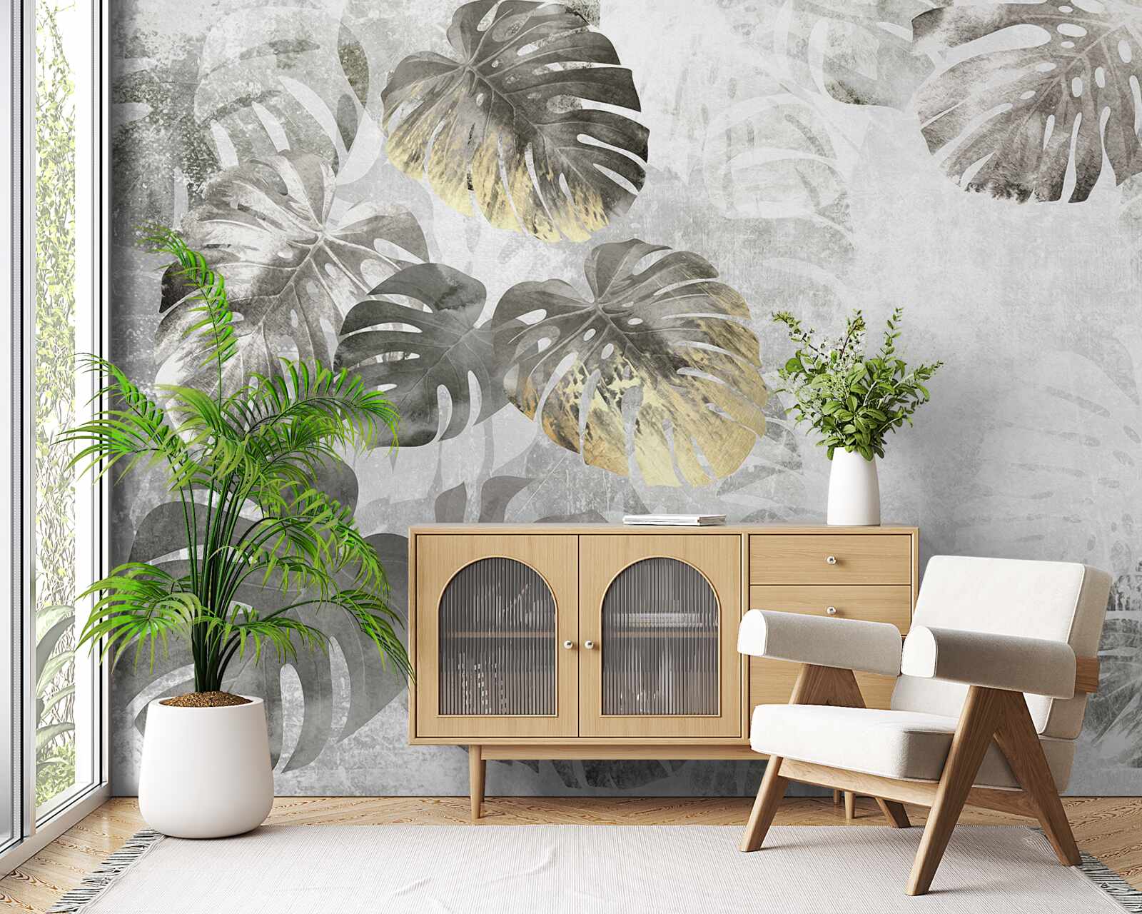 Fototapet foi de format mare de monstera printre ceață