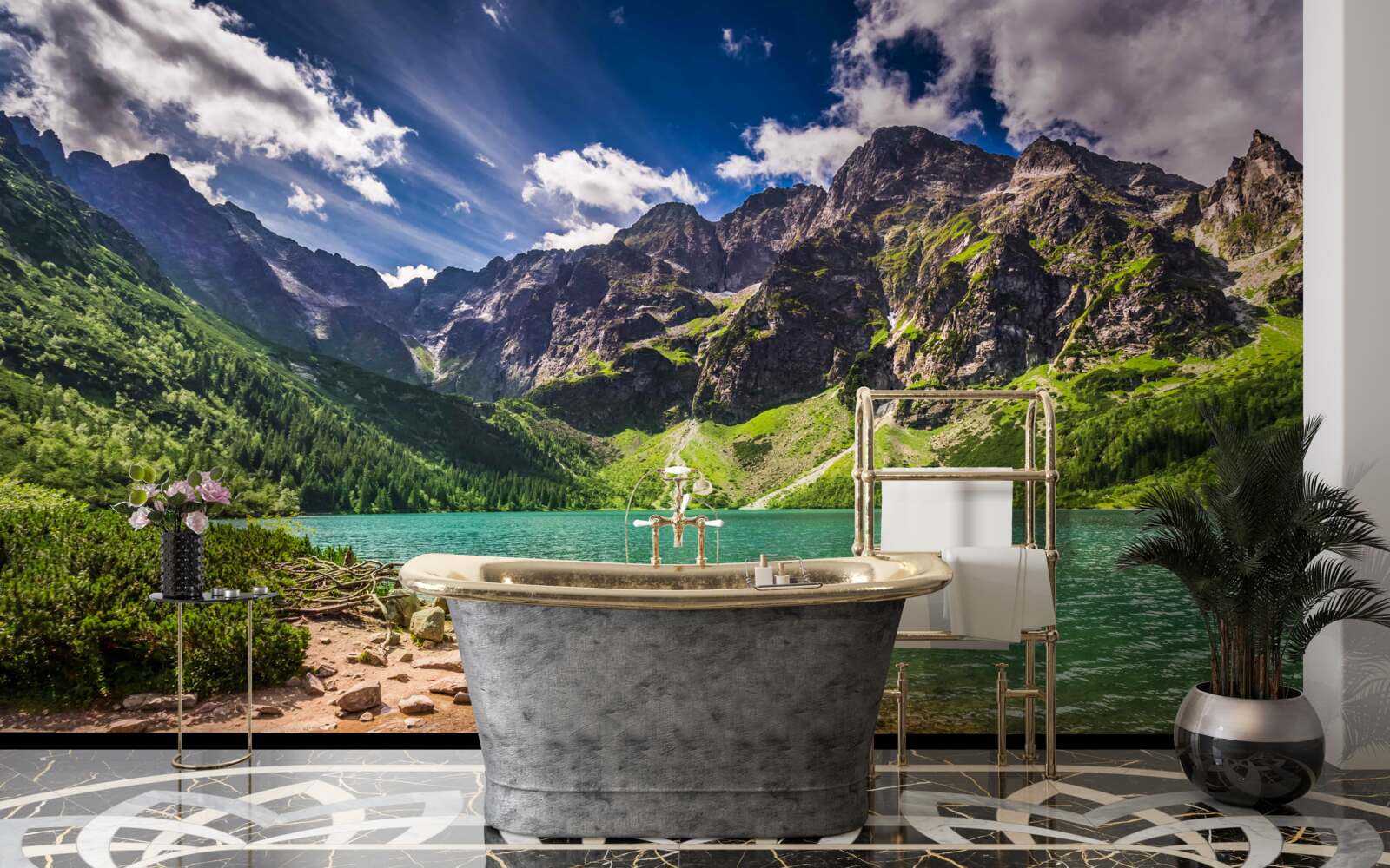 Fototapet o zi de vară lângă un lac înconjurat de munți verzi