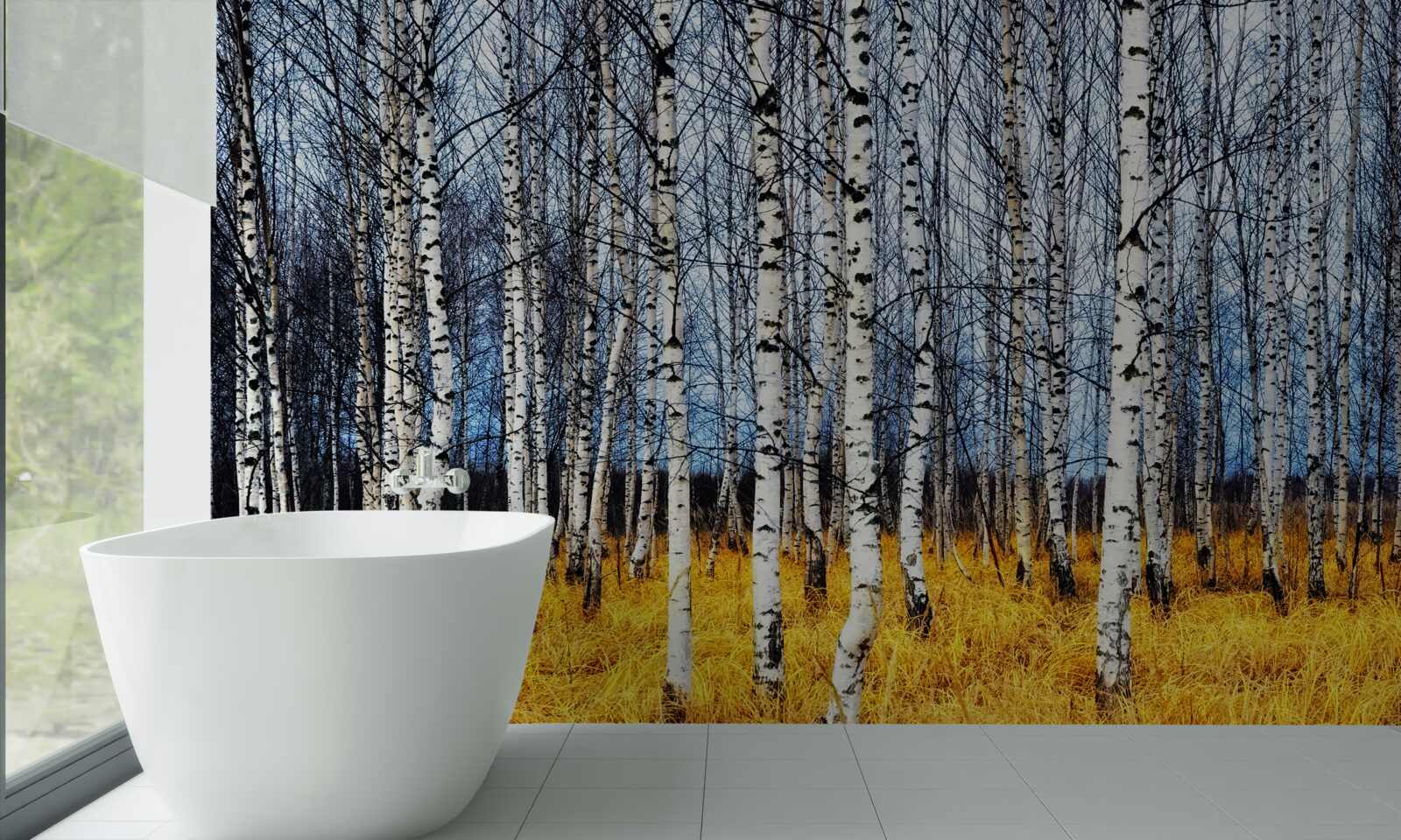 Fototapet frunze de mesteacăn căzute pe un fundal de iarbă de pădure îngălbenită