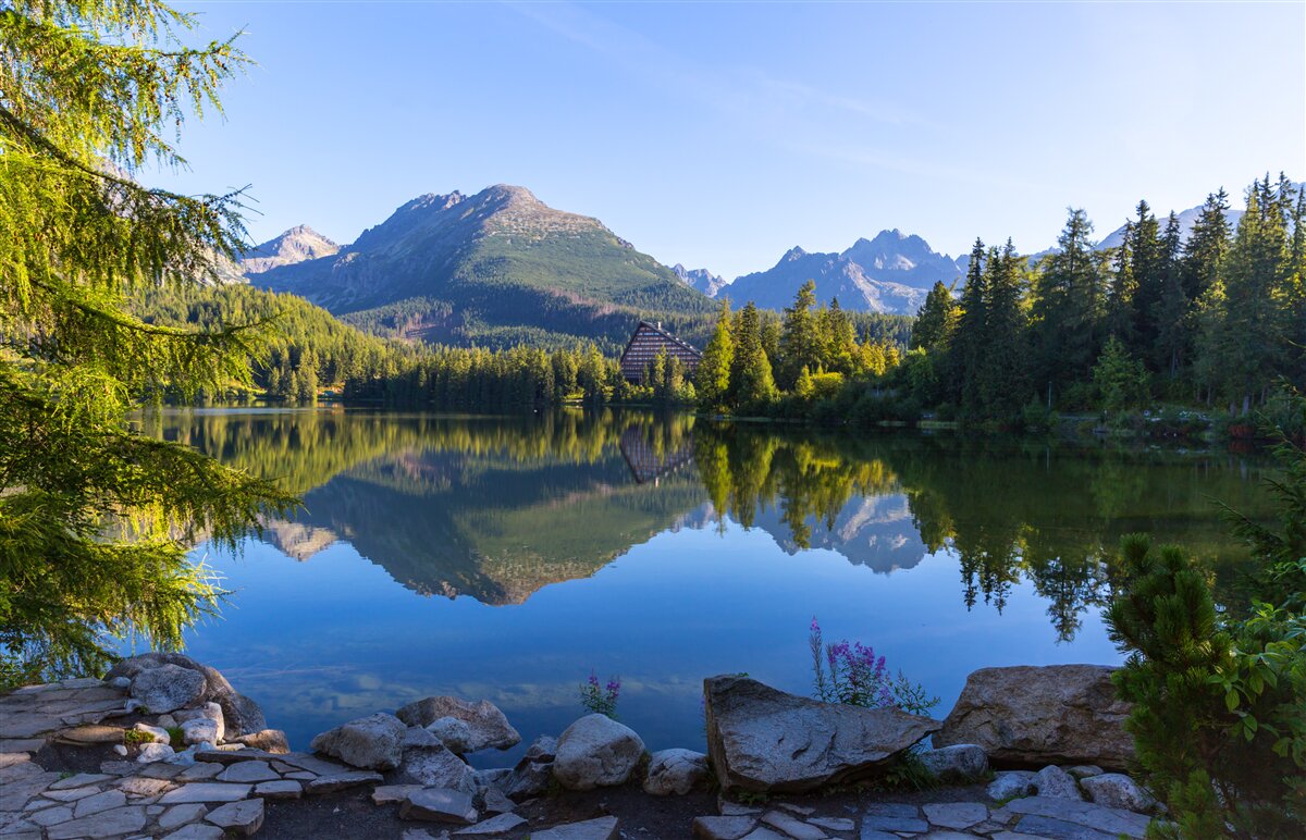 Fototapet o zi însorită lângă un râu calm de munte