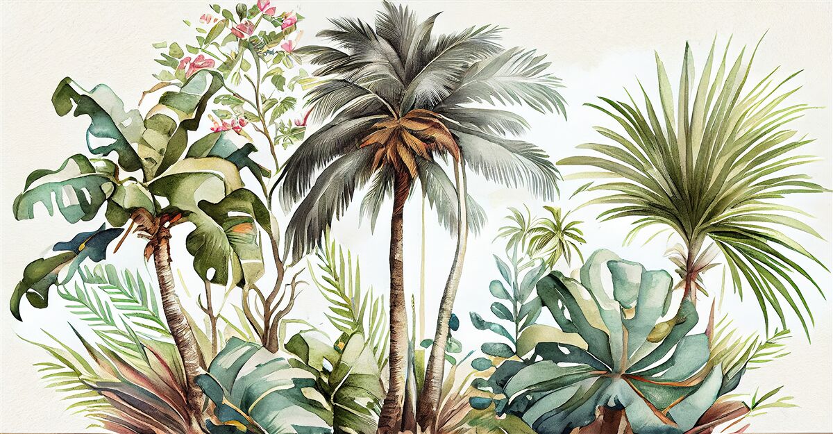 Fototapet plante tropicale, inclusiv palmieri
