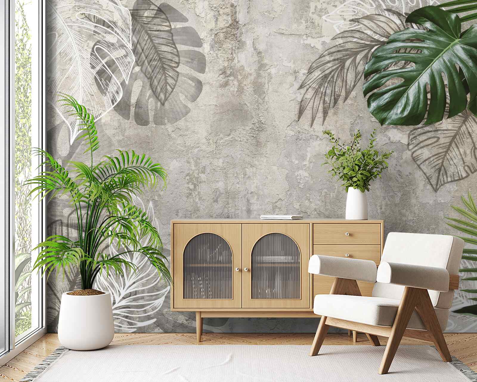 Fototapet acuarele reprezentând o monstera și o ferigă