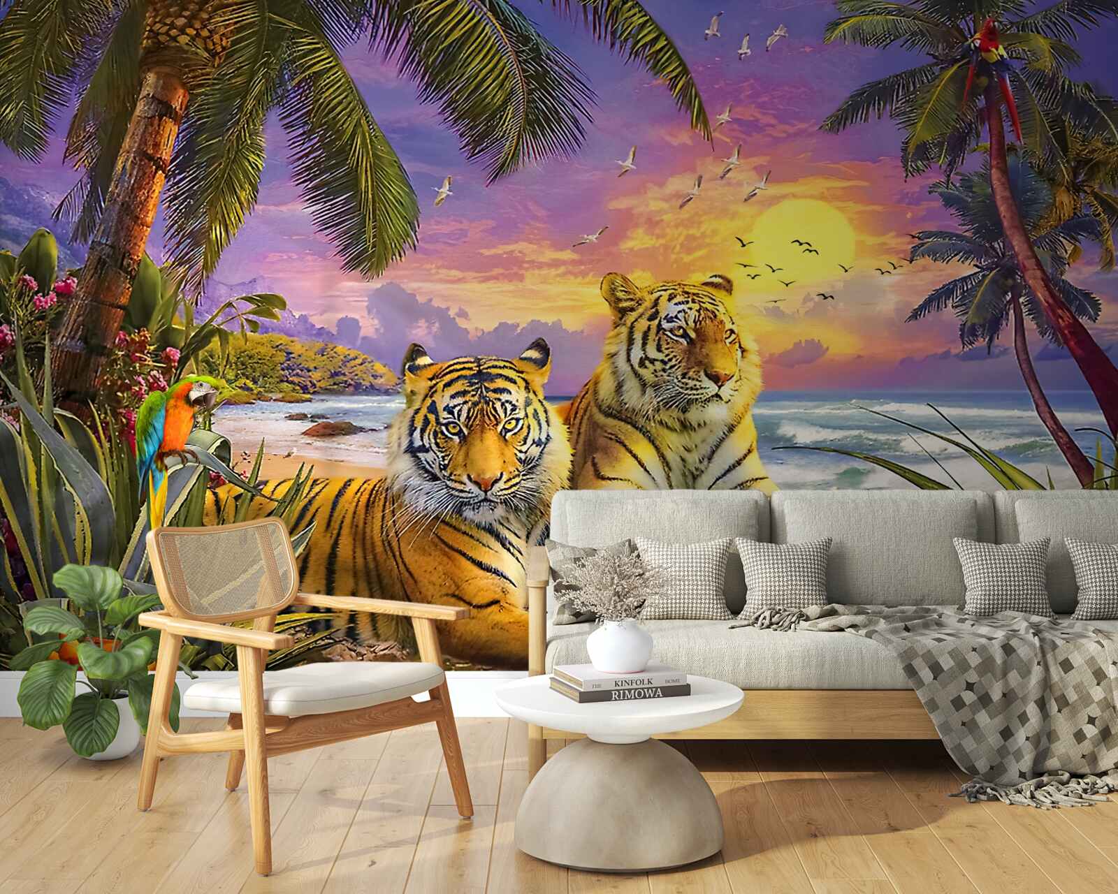 Fototapet doi tigri pe un cer tropical la asfințit