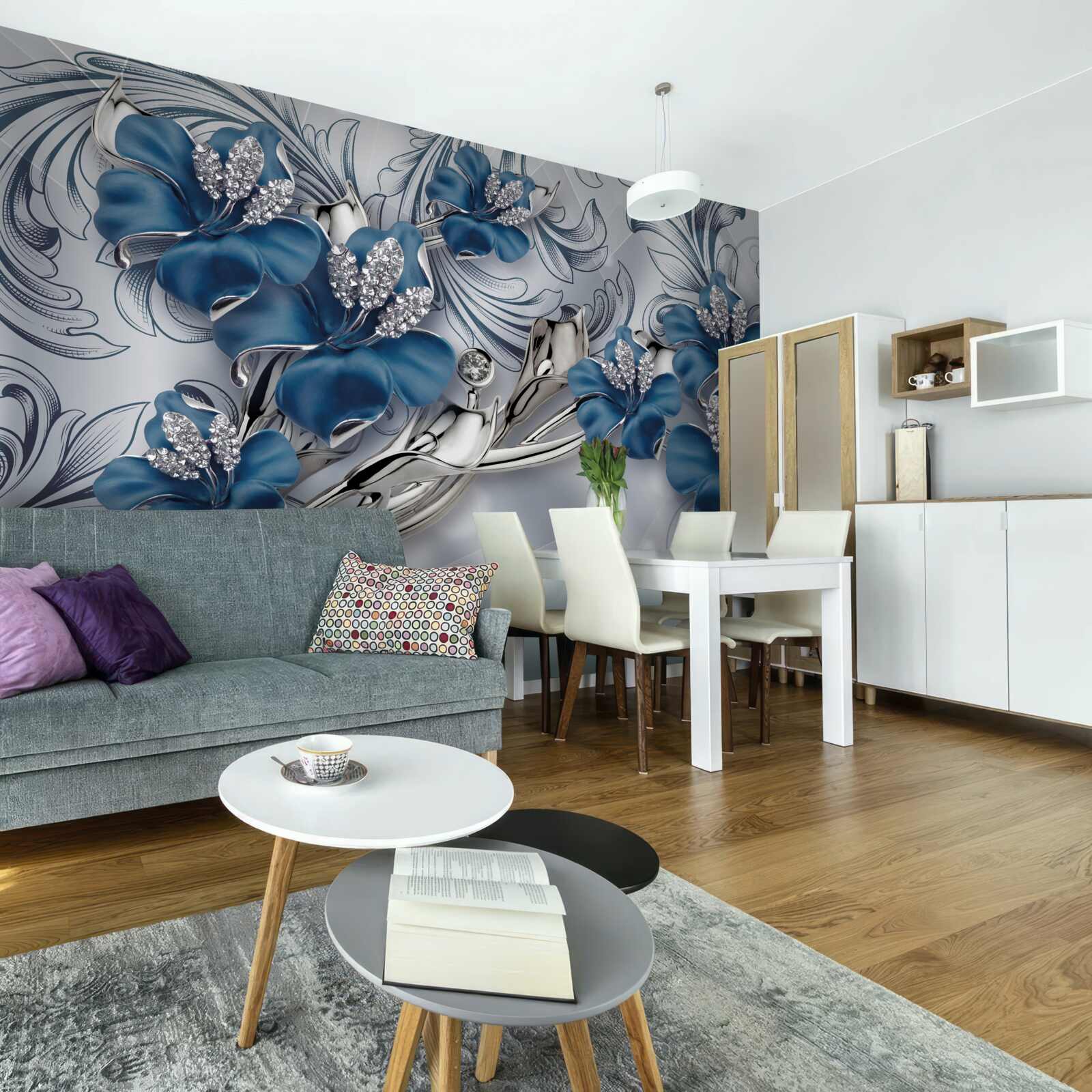 Fototapet flori de lux din metal albastru decorate cu pietre prețioase